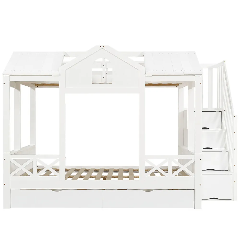 Lit Superposé Enfant 90/140x200 cm, 2 Tiroirs à Roulettes, Escalier, 4 Cases de Rangement, Fenêtres et Toit, Sans Matelas, Blanc>Okwish Clearance