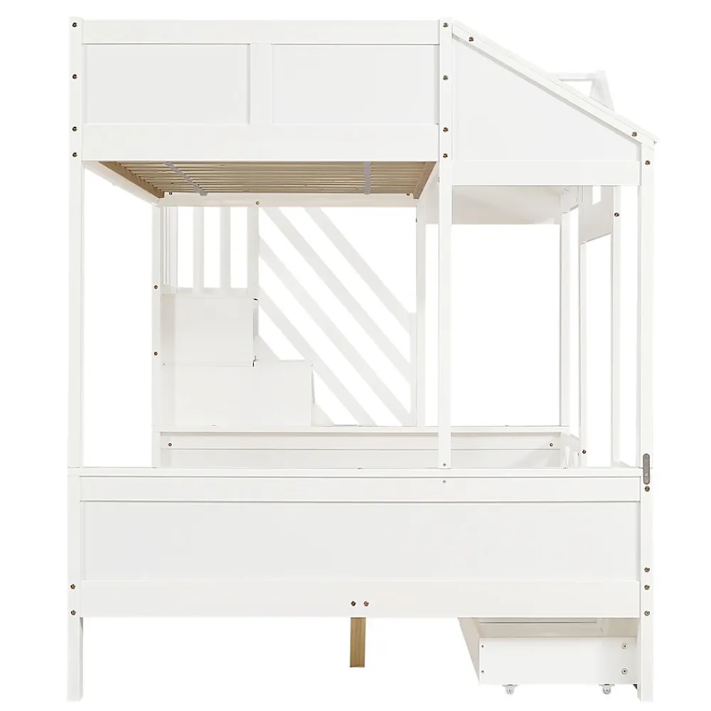 Lit Superposé Enfant 90/140x200 cm, 2 Tiroirs à Roulettes, Escalier, 4 Cases de Rangement, Fenêtres et Toit, Sans Matelas, Blanc>Okwish Clearance