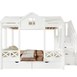Lit Superposé Enfant 90/140x200 cm, 2 Tiroirs à Roulettes, Escalier, 4 Cases de Rangement, Fenêtres et Toit, Sans Matelas, Blanc><noscript><img width=
