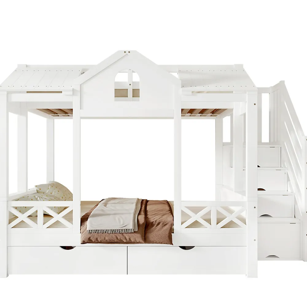 Lit Superposé Enfant 90/140x200 cm, 2 Tiroirs à Roulettes, Escalier, 4 Cases de Rangement, Fenêtres et Toit, Sans Matelas, Blanc>Okwish Clearance