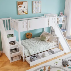 Lit Superposé enfant 90x200 cm avec Toboggan et Escalier, Cabane Blanc avec Casiers de Rangement, Pin et MDF, Sans Matelas - Blanc>Okwish Discount
