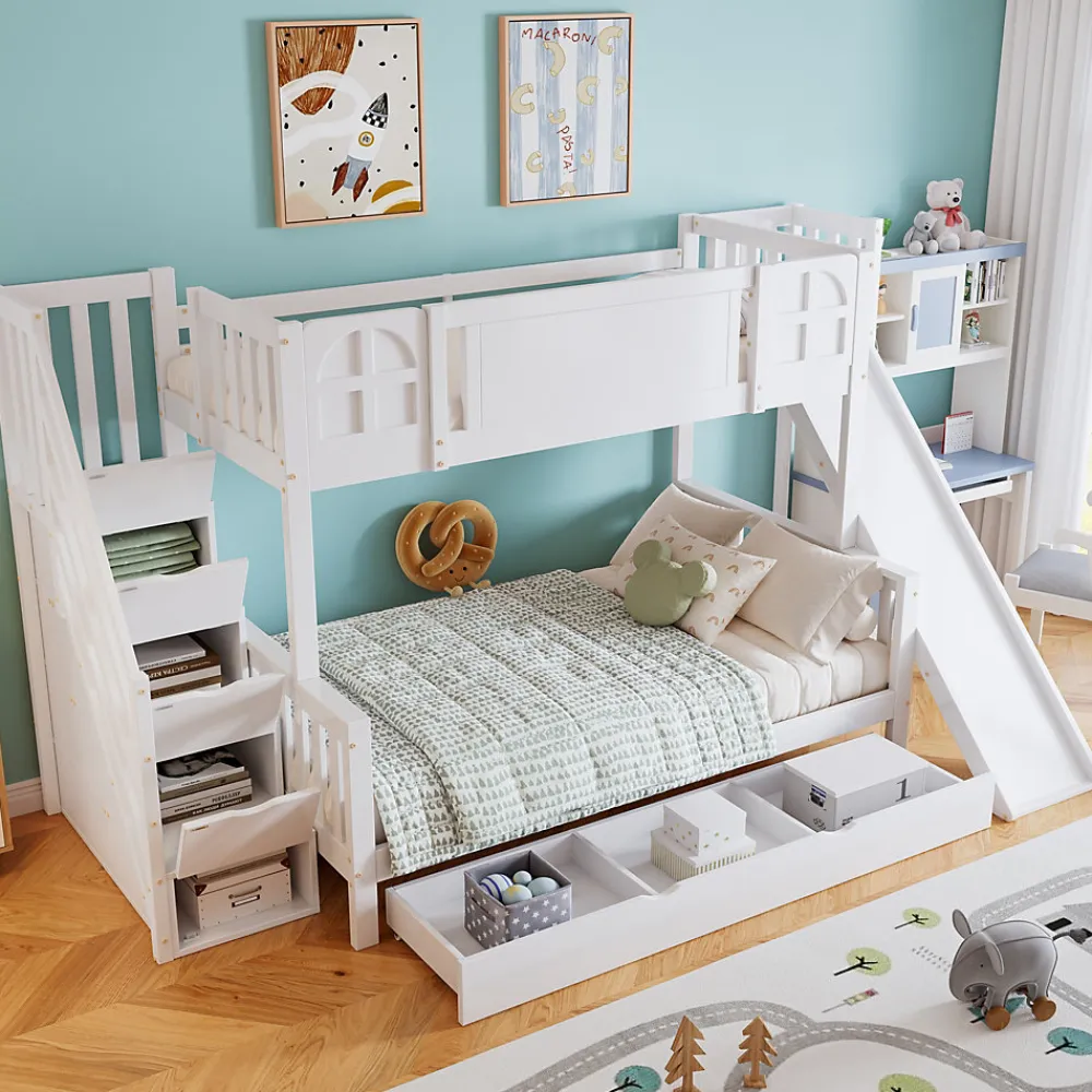 Lit Superposé enfant 90x200 cm avec Toboggan et Escalier, Cabane Blanc avec Casiers de Rangement, Pin et MDF, Sans Matelas - Blanc>Okwish Discount