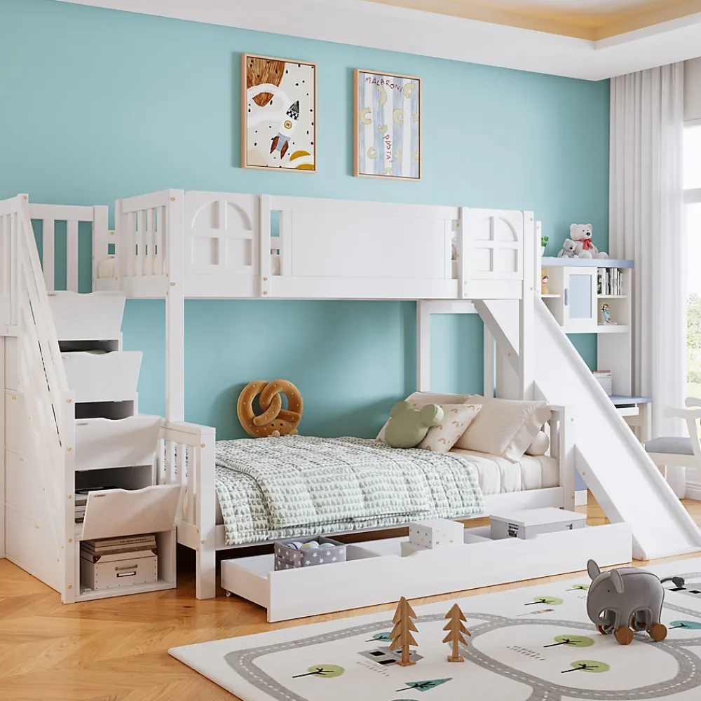 Lit Superposé enfant 90x200 cm avec Toboggan et Escalier, Cabane Blanc avec Casiers de Rangement, Pin et MDF, Sans Matelas - Blanc>Okwish Discount