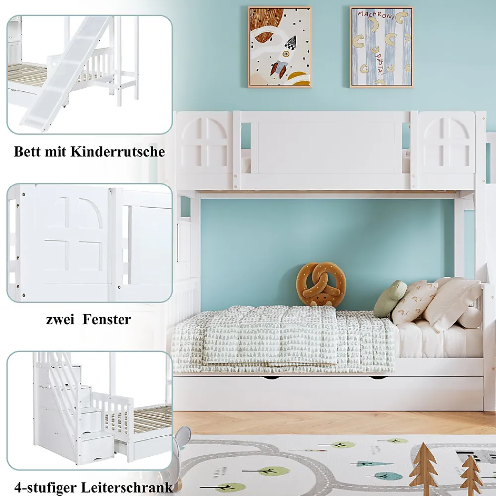 Lit Superposé enfant 90x200 cm avec Toboggan et Escalier, Cabane Blanc avec Casiers de Rangement, Pin et MDF, Sans Matelas - Blanc>Okwish Discount
