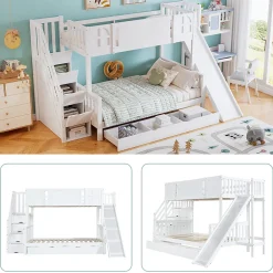 Lit Superposé enfant 90x200 cm avec Toboggan et Escalier, Cabane Blanc avec Casiers de Rangement, Pin et MDF, Sans Matelas - Blanc><noscript><img width=