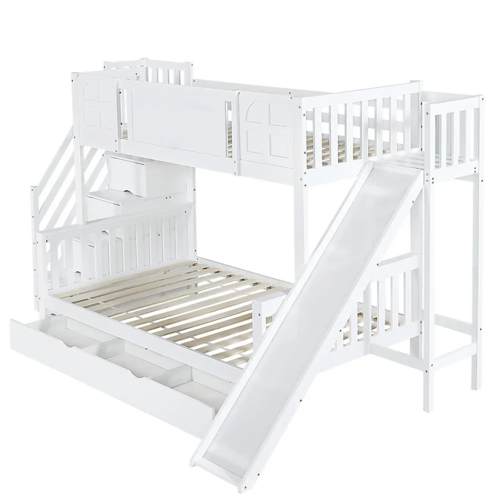 Lit Superposé enfant 90x200 cm avec Toboggan et Escalier, Cabane Blanc avec Casiers de Rangement, Pin et MDF, Sans Matelas - Blanc>Okwish Discount