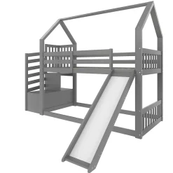 Okwish Lit Superposé Enfant 90x200 cm - Lit avec Toboggan et Escalier de Rangement - Cadre Bois MDF - Sans Matelas - Gris*Enfant Lit Enfant