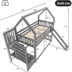 Okwish Lit Superposé Enfant 90x200 cm - Lit avec Toboggan et Escalier de Rangement - Cadre Bois MDF - Sans Matelas - Gris*Enfant Lit Enfant