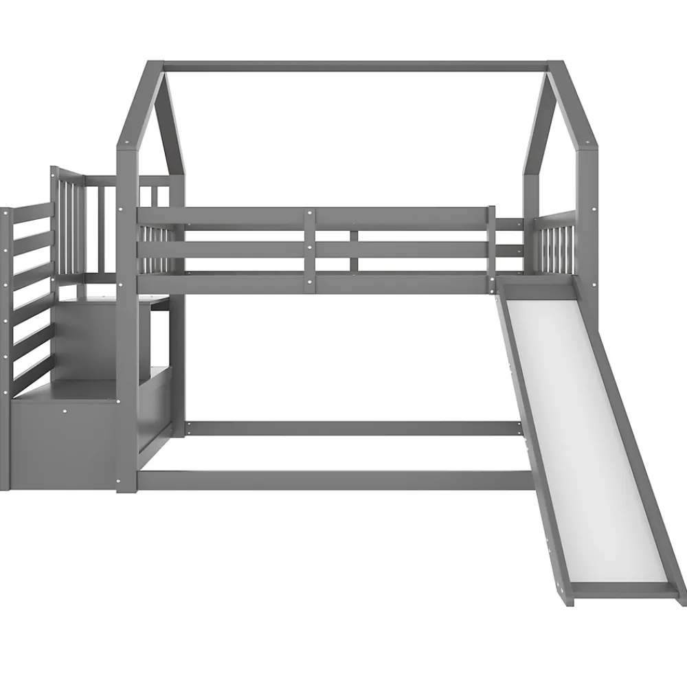 Okwish Lit Superposé Enfant 90x200 cm - Lit avec Toboggan et Escalier de Rangement - Cadre Bois MDF - Sans Matelas - Gris*Enfant Lit Enfant