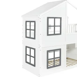 ModernLuxe Lit superposé enfant 90x200 cm avec fenêtre - avec échelle de rangement - bois massif + MDF - blanc + gris (sans matelas)*Enfant Lit Enfant