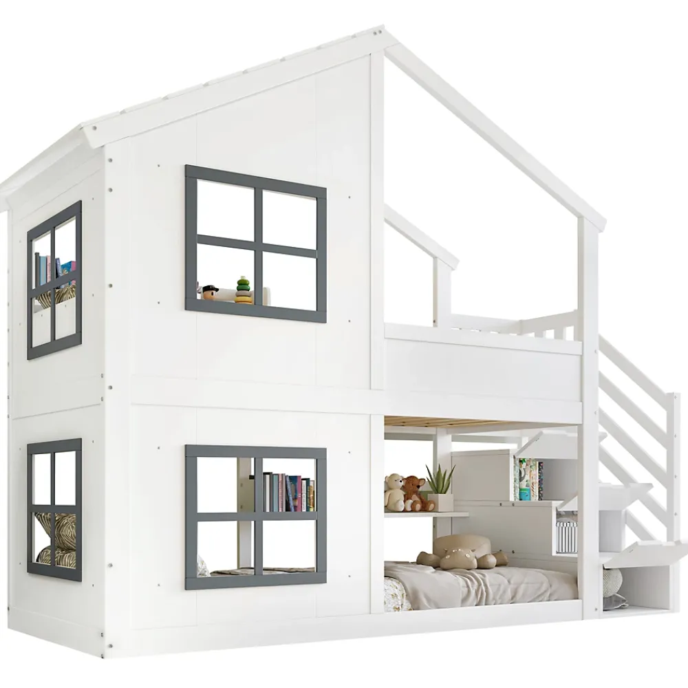 ModernLuxe Lit superposé enfant 90x200 cm avec fenêtre - avec échelle de rangement - bois massif + MDF - blanc + gris (sans matelas)*Enfant Lit Enfant