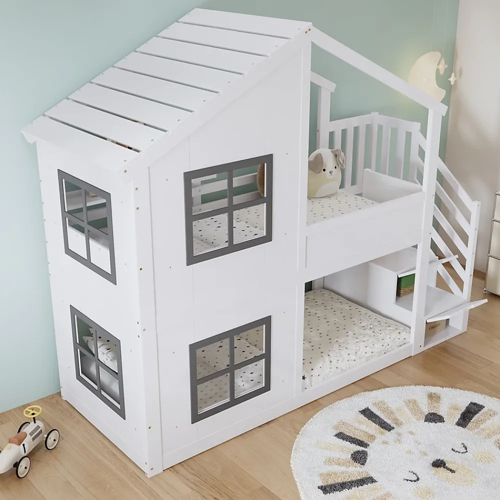ModernLuxe Lit superposé enfant 90x200 cm avec fenêtre - avec échelle de rangement - bois massif + MDF - blanc + gris (sans matelas)*Enfant Lit Enfant