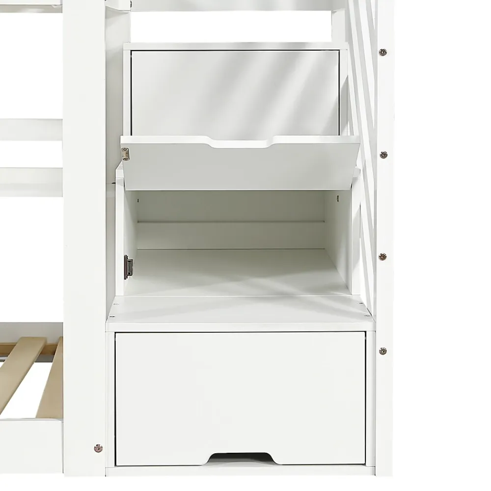 ModernLuxe Lit superposé enfant 90x200 cm avec fenêtre - avec échelle de rangement - bois massif + MDF - blanc + gris (sans matelas)*Enfant Lit Enfant