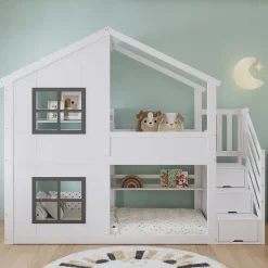 ModernLuxe Lit superposé enfant 90x200 cm avec fenêtre - avec échelle de rangement - bois massif + MDF - blanc + gris (sans matelas)*Enfant Lit Enfant