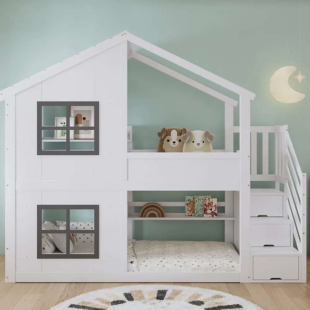 ModernLuxe Lit superposé enfant 90x200 cm avec fenêtre - avec échelle de rangement - bois massif + MDF - blanc + gris (sans matelas)*Enfant Lit Enfant