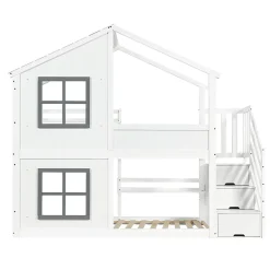 ModernLuxe Lit superposé enfant 90x200 cm avec fenêtre - avec échelle de rangement - bois massif + MDF - blanc + gris (sans matelas)*Enfant Lit Enfant