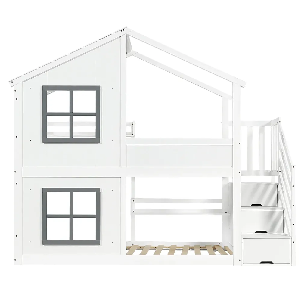 ModernLuxe Lit superposé enfant 90x200 cm avec fenêtre - avec échelle de rangement - bois massif + MDF - blanc + gris (sans matelas)*Enfant Lit Enfant
