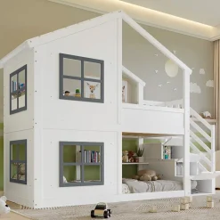 ModernLuxe Lit superposé enfant 90x200 cm avec fenêtre - avec échelle de rangement - bois massif + MDF - blanc + gris (sans matelas)*Enfant Lit Enfant