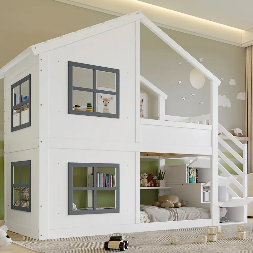 ModernLuxe Lit superposé enfant 90x200 cm avec fenêtre - avec échelle de rangement - bois massif + MDF - blanc + gris (sans matelas)*Enfant Lit Enfant