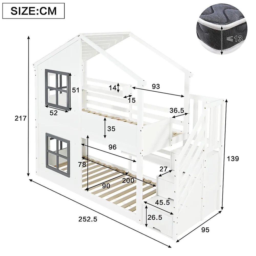 ModernLuxe Lit superposé enfant 90x200 cm avec fenêtre - avec échelle de rangement - bois massif + MDF - blanc + gris (sans matelas)*Enfant Lit Enfant
