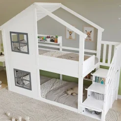 ModernLuxe Lit superposé enfant 90x200 cm avec fenêtre - avec échelle de rangement - bois massif + MDF - blanc + gris (sans matelas)*Enfant Lit Enfant