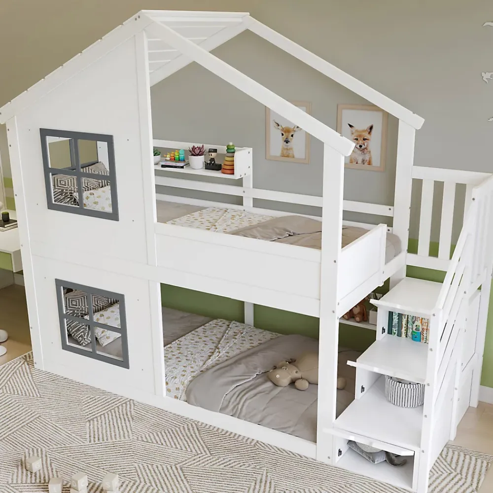ModernLuxe Lit superposé enfant 90x200 cm avec fenêtre - avec échelle de rangement - bois massif + MDF - blanc + gris (sans matelas)*Enfant Lit Enfant