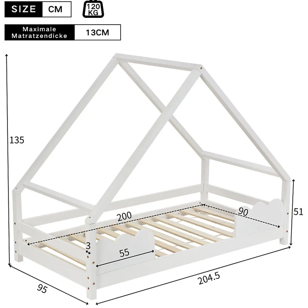 Lit Superposé enfant 90x200 cm - Lit Simple en Bois Massif de Pin, Capacité 120 kg, Sans Matelas, Blanc>Okwish Sale