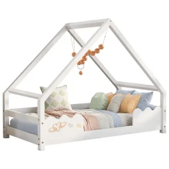 Lit Superposé enfant 90x200 cm - Lit Simple en Bois Massif de Pin, Capacité 120 kg, Sans Matelas, Blanc><noscript><img width=