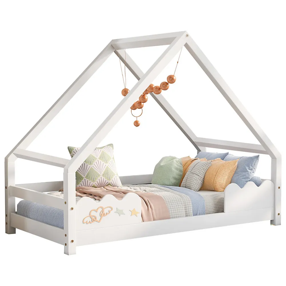 Lit Superposé enfant 90x200 cm - Lit Simple en Bois Massif de Pin, Capacité 120 kg, Sans Matelas, Blanc>Okwish Sale