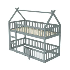 Okwish Lit Superposé Enfant 90x200 cm - avec escalier sécurisé et rangement, Bois Massif + MDF - Gris, sans matelas*Enfant Lit Enfant