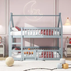 Okwish Lit Superposé Enfant 90x200 cm - avec escalier sécurisé et rangement, Bois Massif + MDF - Gris, sans matelas*Enfant Lit Enfant