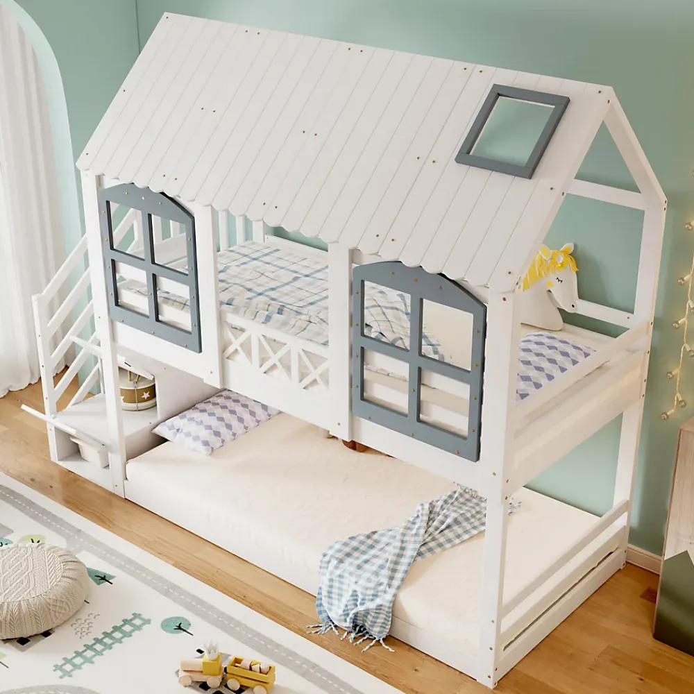 ProximaX Lit superposé enfant 90x200 cm blanc/gris en pin et MDF avec barrières de sécurité, 3 tiroirs et rangement*Enfant Lit Enfant