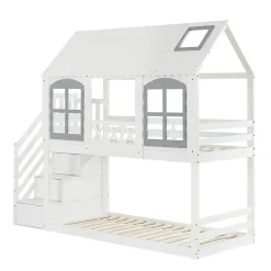 ProximaX Lit superposé enfant 90x200 cm blanc/gris en pin et MDF avec barrières de sécurité, 3 tiroirs et rangement*Enfant Lit Enfant