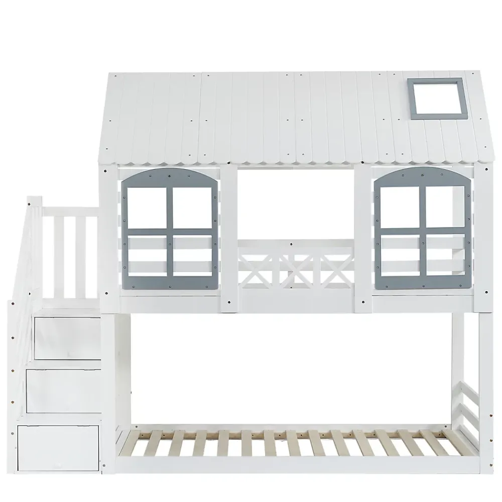 ProximaX Lit superposé enfant 90x200 cm blanc/gris en pin et MDF avec barrières de sécurité, 3 tiroirs et rangement*Enfant Lit Enfant