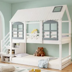 ProximaX Lit superposé enfant 90x200 cm blanc/gris en pin et MDF avec barrières de sécurité, 3 tiroirs et rangement*Enfant Lit Enfant