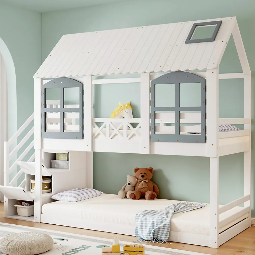 ProximaX Lit superposé enfant 90x200 cm blanc/gris en pin et MDF avec barrières de sécurité, 3 tiroirs et rangement*Enfant Lit Enfant