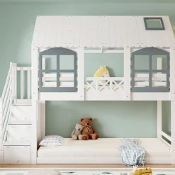 ProximaX Lit superposé enfant 90x200 cm blanc/gris en pin et MDF avec barrières de sécurité, 3 tiroirs et rangement*Enfant Lit Enfant