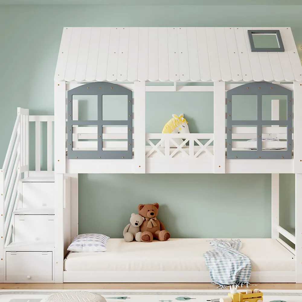 ProximaX Lit superposé enfant 90x200 cm blanc/gris en pin et MDF avec barrières de sécurité, 3 tiroirs et rangement*Enfant Lit Enfant