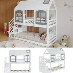 ProximaX Lit superposé enfant 90x200 cm blanc/gris en pin et MDF avec barrières de sécurité, 3 tiroirs et rangement*Enfant Lit Enfant