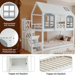 ProximaX Lit superposé enfant 90x200 cm blanc/gris en pin et MDF avec barrières de sécurité, 3 tiroirs et rangement*Enfant Lit Enfant
