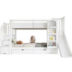 ModernLuxe Lit superposé enfant 90x200 cm avec escalier de rangement et toboggan - bibliothèque illustrée - 2 tiroirs - blanc (sans matelas)*Enfant Lit Enfant