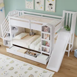 ModernLuxe Lit superposé enfant 90x200 cm avec escalier de rangement et toboggan - bibliothèque illustrée - 2 tiroirs - blanc (sans matelas)*Enfant Lit Enfant