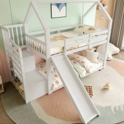 Lit Superposé Enfant 90x200 cm - Lit avec Toboggan et Escalier de Rangement - Cadre Bois MDF - Sans Matelas - Blanc>Okwish Sale