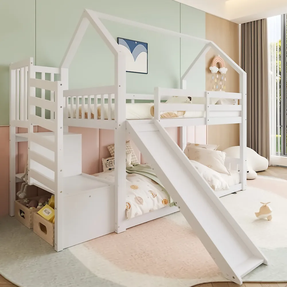 Lit Superposé Enfant 90x200 cm - Lit avec Toboggan et Escalier de Rangement - Cadre Bois MDF - Sans Matelas - Blanc>Okwish Sale