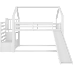 Lit Superposé Enfant 90x200 cm - Lit avec Toboggan et Escalier de Rangement - Cadre Bois MDF - Sans Matelas - Blanc><noscript><img width=