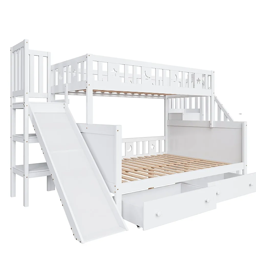 ProximaX Lit superposé enfant 90x200/140x200 cm en bois massif avec toboggan, escaliers sécurisés, 2 grands tiroirs et sommier, blanc*Enfant Lit Enfant