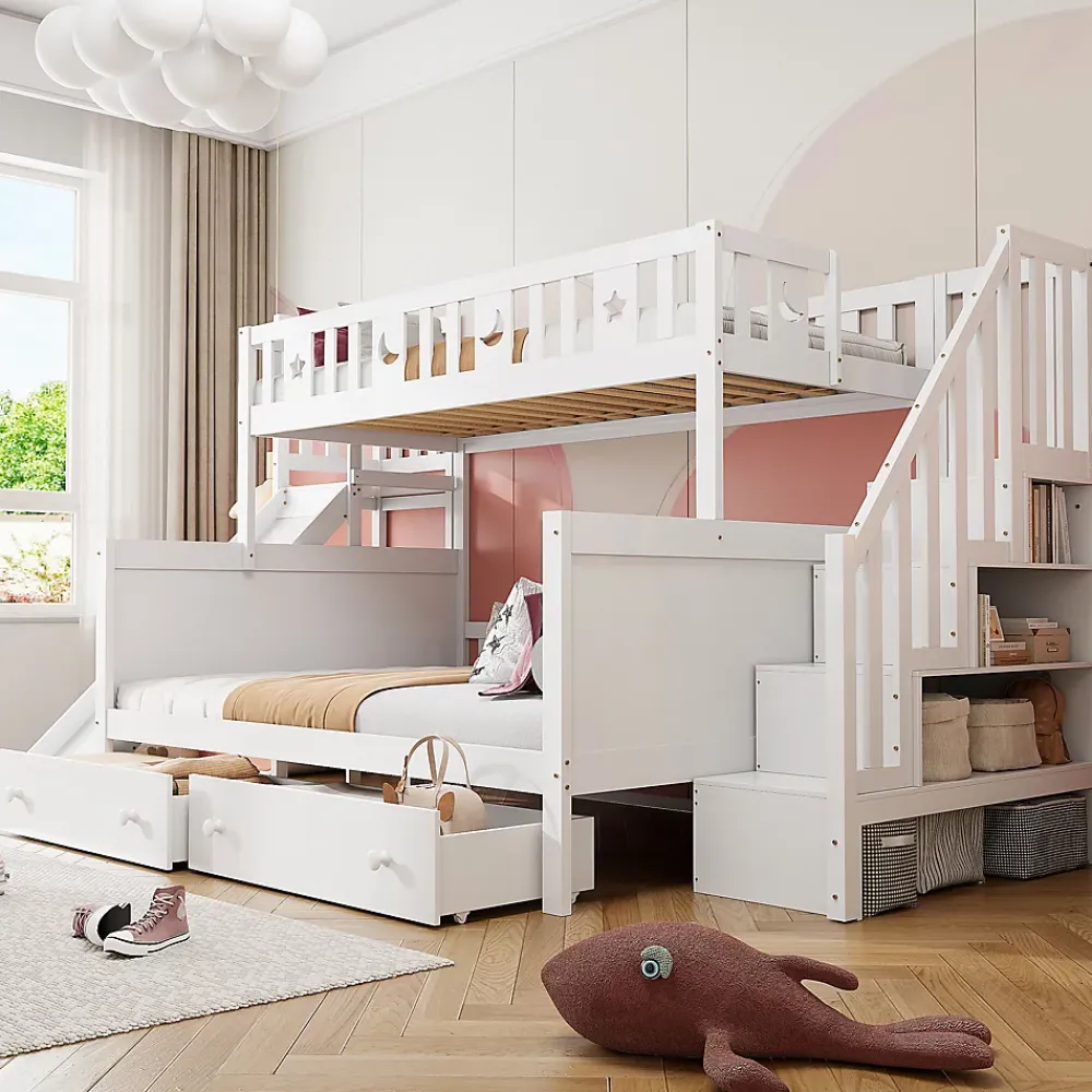 ProximaX Lit superposé enfant 90x200/140x200 cm en bois massif avec toboggan, escaliers sécurisés, 2 grands tiroirs et sommier, blanc*Enfant Lit Enfant