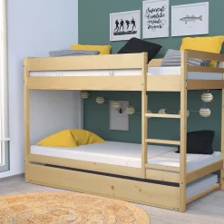 Lit superposé et 1 lit tiroir 90x190 WILL Bois naturel incl. Sommier><noscript><img width=