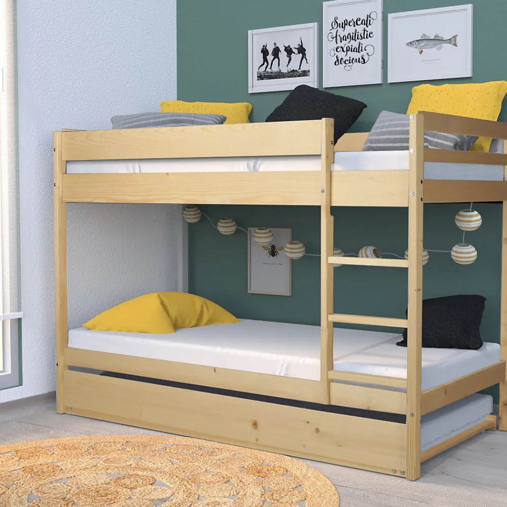 Lit superposé et 1 lit tiroir 90x190 WILL Bois naturel incl. Sommier>Bb Loisir Outlet