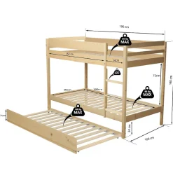 Lit superposé et 1 lit tiroir 90x190 WILL Bois naturel incl. Sommier><noscript><img width=